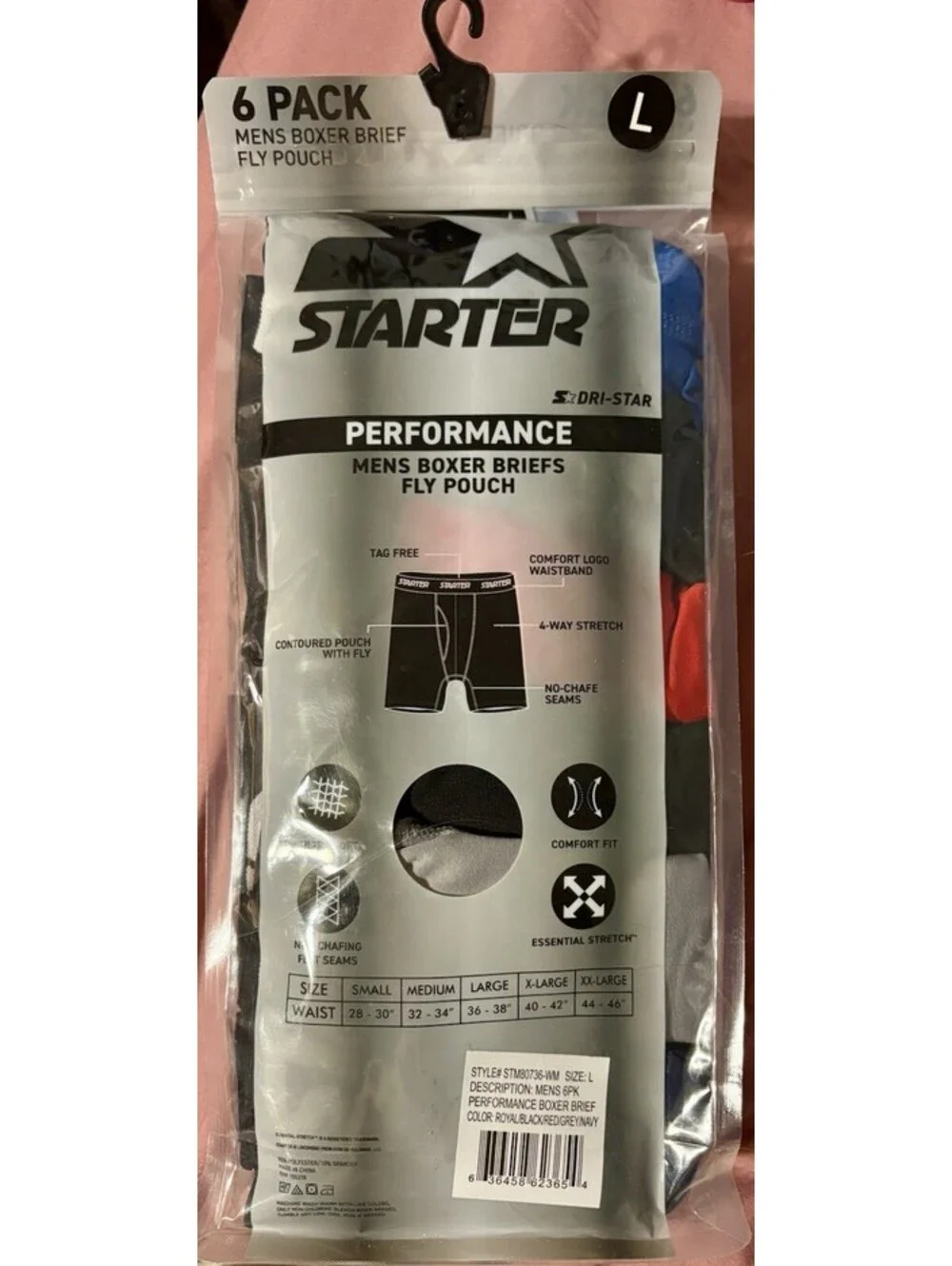 Starter Mens Boxer Briefs Active Performance Breathable Underwear 6-Pack Sz L